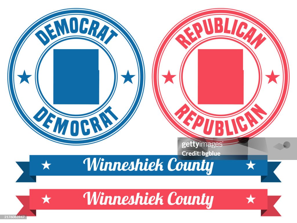 Winneshiek County, Iowa. Map on rubber stamp with banner