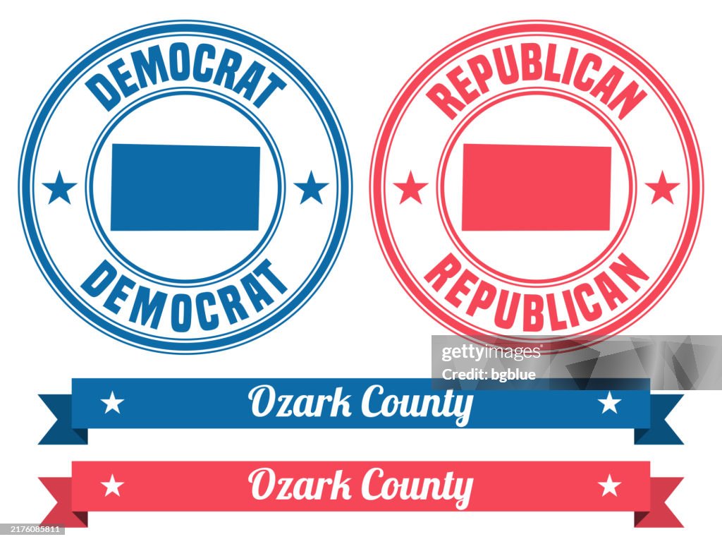 Ozark County, Missouri. Map on rubber stamp with banner