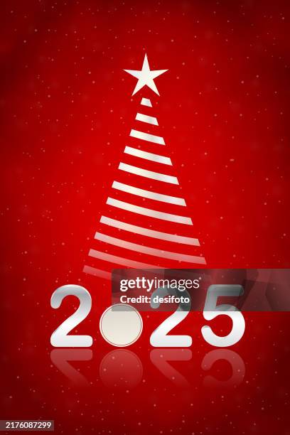 silver white colored three dimensional 3d text 2025 with a coin for happy new year posters greeting cards on dark bright vibrant red maroon vertical festive glowing shining snowing vector backgrounds with a striped christmas tree with a star - bling letters stock illustrations