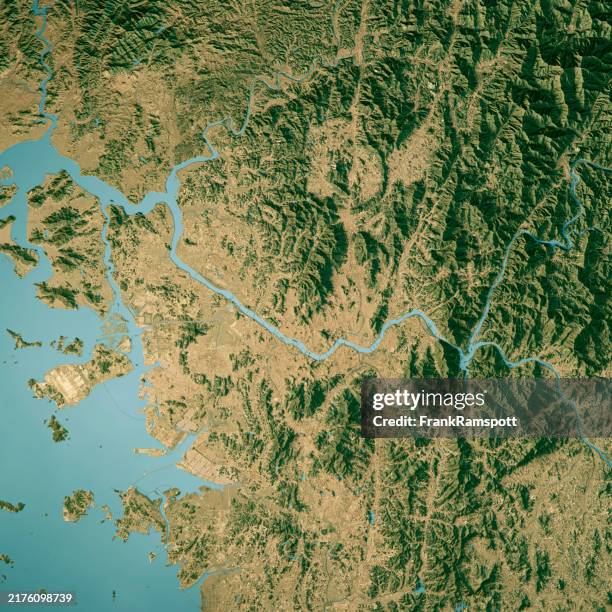 seoul satellite topographic map 3d render true color - han river stock pictures, royalty-free photos & images