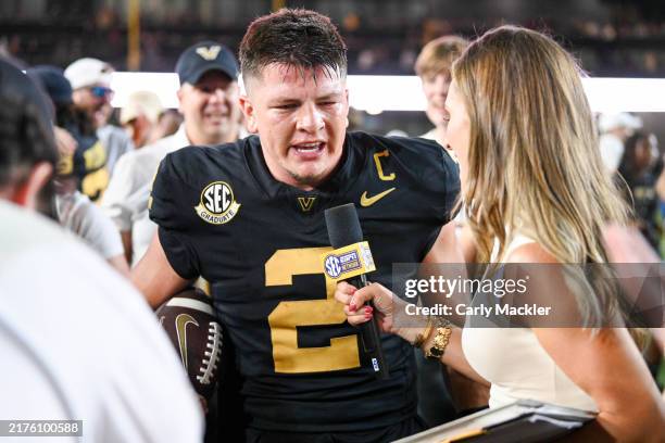 Diego Pavia of the Vanderbilt Commodores speaks to the SEC Network after the win against the Alabama Crimson Tide at FirstBank Stadium on October 5,...