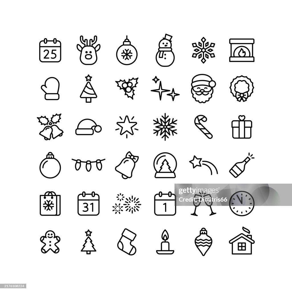 Christmas and New Year line icon set with editable stroke