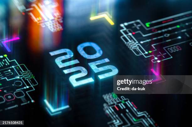 year 2025 futuristic background. 2025 as a central core on motherboard. - vorhersagen stock-fotos und bilder