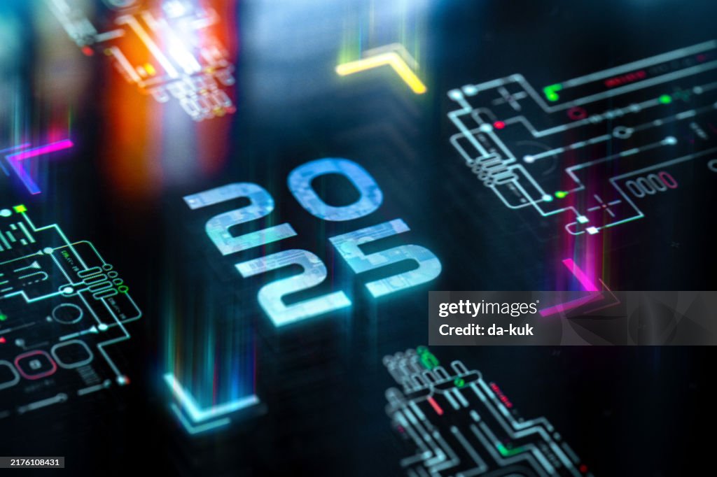 Year 2025 futuristic background. 2025 as a central core on motherboard.