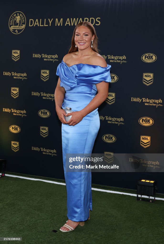 Dally Ribbon Grace Kemp of the Raiders arrives ahead of the 2024 Dally M Awards at ...