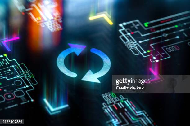 refresh and update sign on digital display. refresh icon and cpu on futuristic background - software update stock pictures, royalty-free photos & images