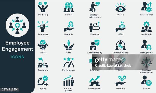 illustrazioni stock, clip art, cartoni animati e icone di tendenza di collezione di icone solide per il coinvolgimento dei dipendenti. contenente business, cultura aziendale, sociale, dipendente, risorse umane, comunicazione, visione, valori, responsabilità, performance, gestione, riconoscimento - benessere