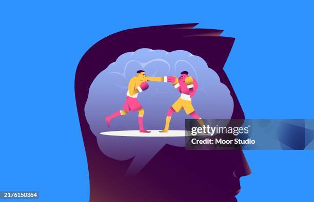 two boxers fighting inside a head vector illustration - internal struggle stock illustrations