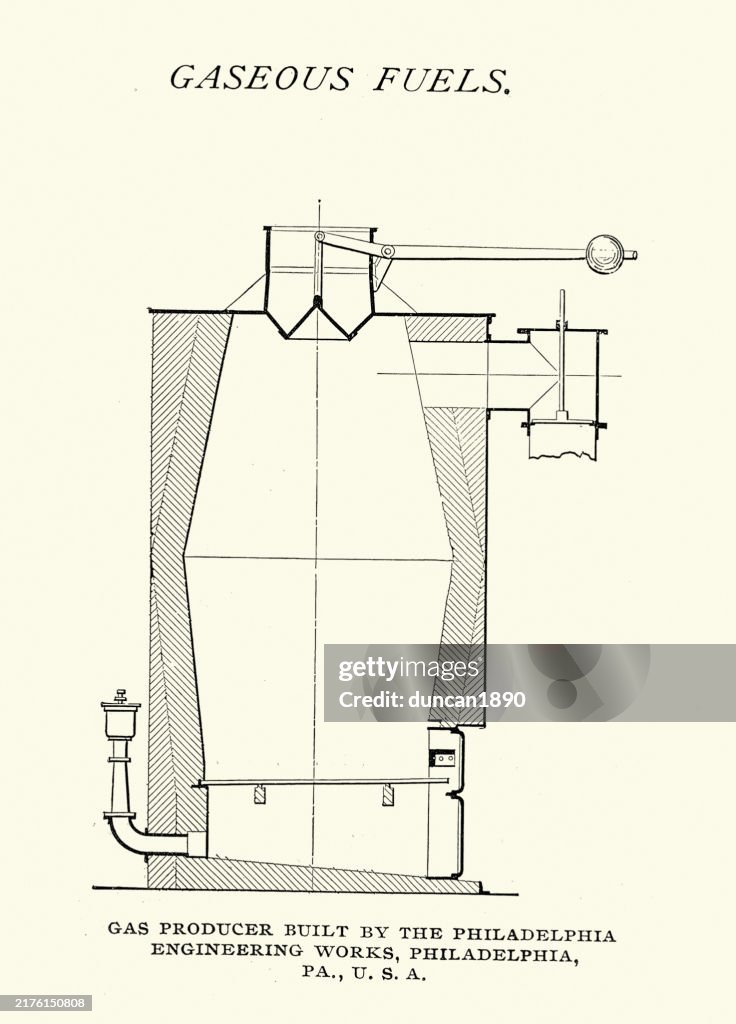Industrial history, Power generation, Cross section diagram of a gas producer, Victorian 1890s 19th Century.