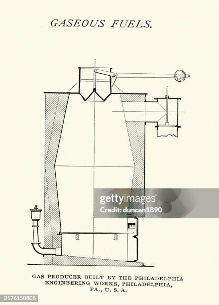 industrial history, power generation, cross section diagram of a gas producer, victorian 1890s 19th century. - gasworks park seattle stock illustrations