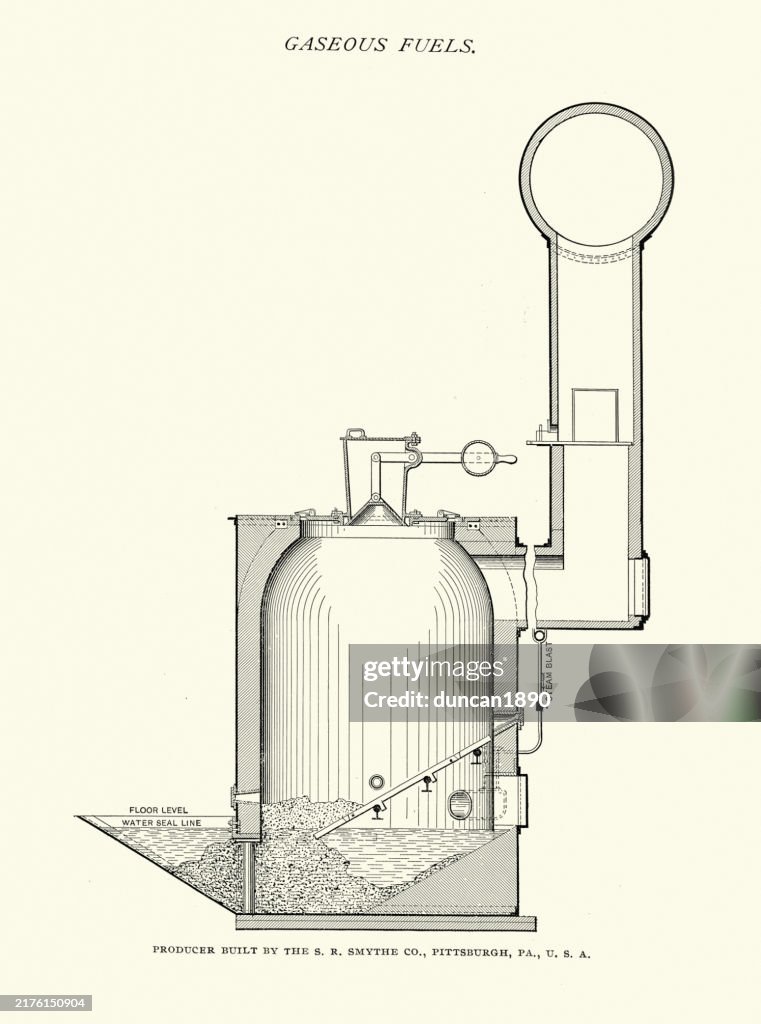 Industrial history, Power generation, Cross section diagram of a gas producer, Victorian 1890s 19th Century.