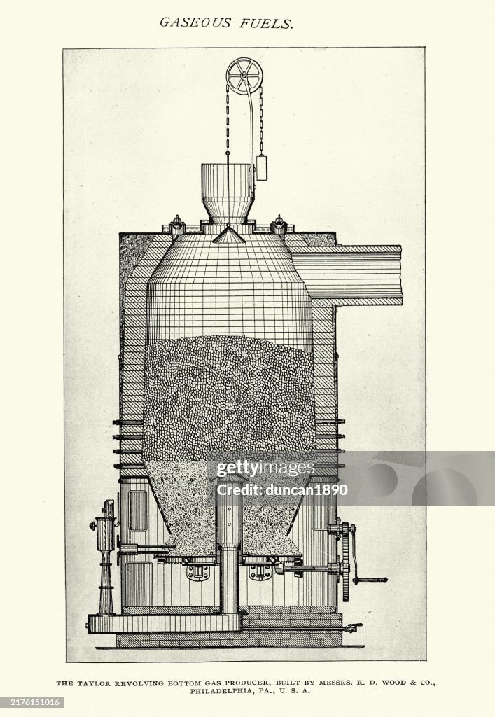 Industrial history, Power generation, Cross section diagram of a gas producer, Victorian 1890s 19th Century.