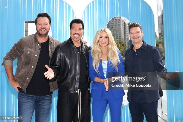 Luke Bryan, Lionel Richie, Carrie Underwood, and Ryan Seacrest pose for a photo during "American Idol" Season 8 Judges Photo Call on October 02, 2024...