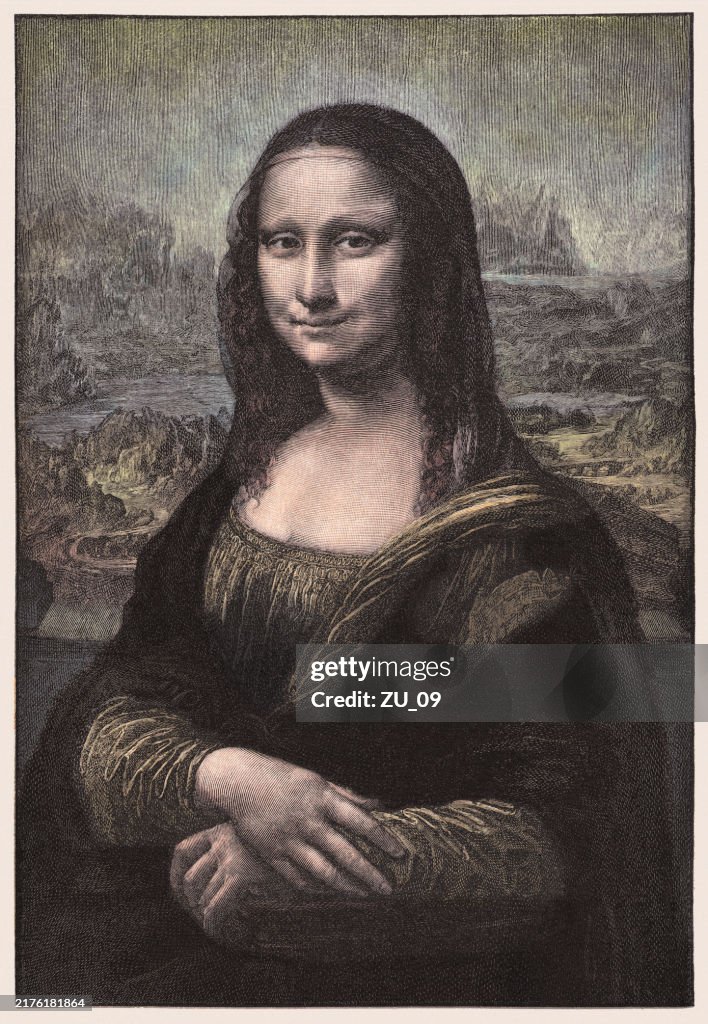 Mona Lisa, by Leonardo, Louvre, hand-colored wood engraving, published 1891