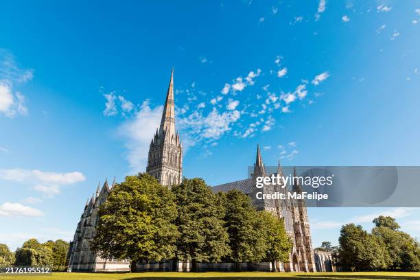 majestic salisbury cathedral on a clear sunny afternoon - salisbury inglaterra imagens e fotografias de stock