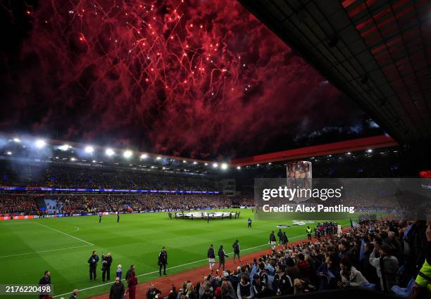 General view inside the stadium as a banner is displayed and fireworks are set off prior to the UEFA Champions League 2024/25 League Phase MD2 match...