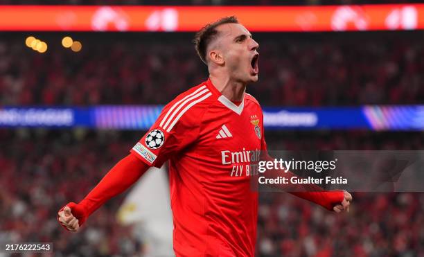 Kerem Akturkoglu of S.L Benfica celebrates scoring his team's first goal during the UEFA Champions League 2024/25 League Phase MD2 match between SL...