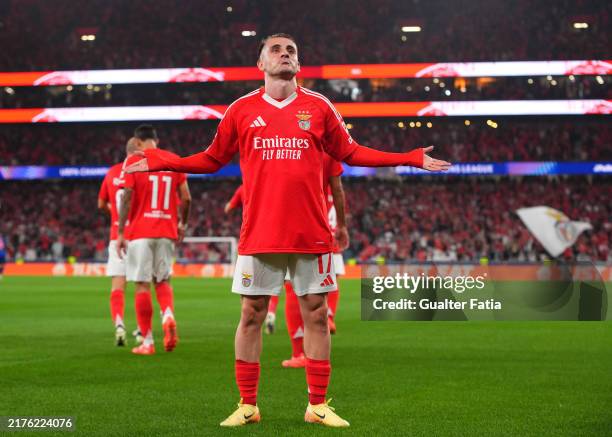 Kerem Akturkoglu of S.L Benfica celebrates scoring his team's first goal during the UEFA Champions League 2024/25 League Phase MD2 match between SL...