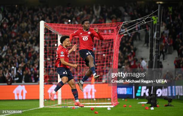Jonathan David of LOSC Lille celebrates scoring his team's first goal from the penalty spot during the UEFA Champions League 2024/25 League Phase MD2...