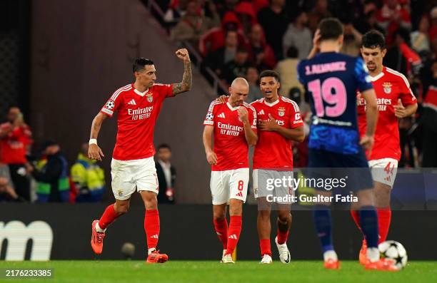 Angel Di Maria of S.L Benfica celebrates scoring his team's second goal during the UEFA Champions League 2024/25 League Phase MD2 match between SL...