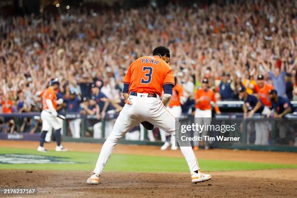 Jeremy Peña of the Houston Astros celebrates after scoring a run against the Detroit Tigers in the seventh inning during Game Two of the Wild Card...