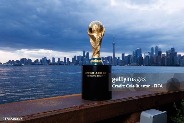 World Cup Trophy is displayed on a plinth at Toronto Island on August 22, 2024 in Toronto, Canada.