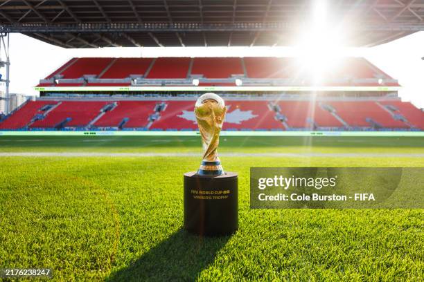World Cup Trophy is displayed on a plinth at BMO Field on August 22, 2024 in Toronto, Canada.