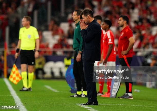 Diego Simeone, Head Coach of Atletico de Madrid, react during the UEFA Champions League 2024/25 League Phase MD2 match between SL Benfica and...