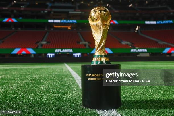 World Cup Trophy is displayed on the field of the Mercedes-Benz Stadium on May 11, 2024 in Atlanta, Georgia.