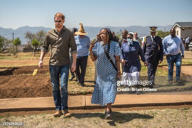 Prince Harry, Duke of Sussex and Ntoli Moletsane, Country Director, Lesotho arrive at a special Sentebale event to visit the Pointmain Health...
