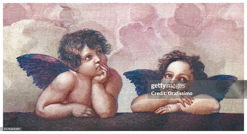 Anges de Raphaël - deux putti comme on le voit dans le tableau Vierge Sixtine de Raphaël 1881