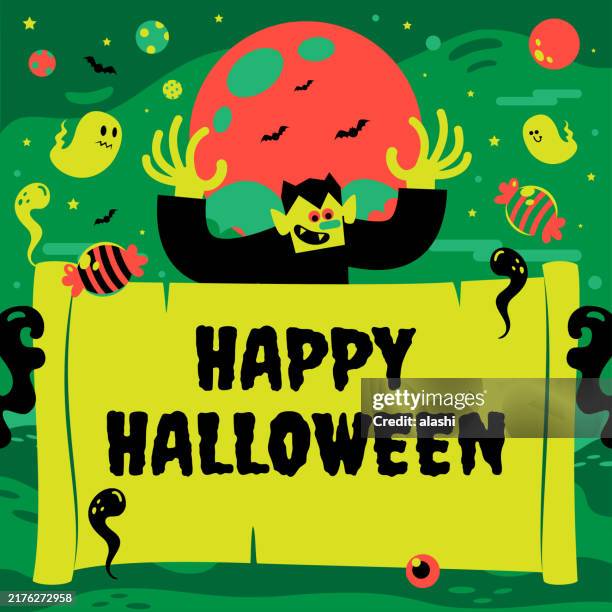prince vampire shows a blank sign and says happy halloween, a spooky party announcement, a halloween party invitation, and backgrounds with candy, ghosts, monster, eyeball, and jack-o-lantern - treasure hunt stock illustrations