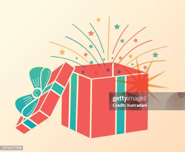 ilustraciones, imágenes clip art, dibujos animados e iconos de stock de caja de regalo roja abierta con fuegos artificiales y estrellas - caja de regalo