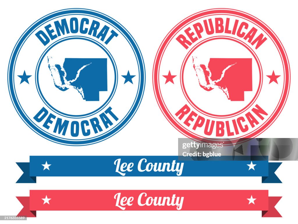 Lee County, Florida. Map on rubber stamp with banner