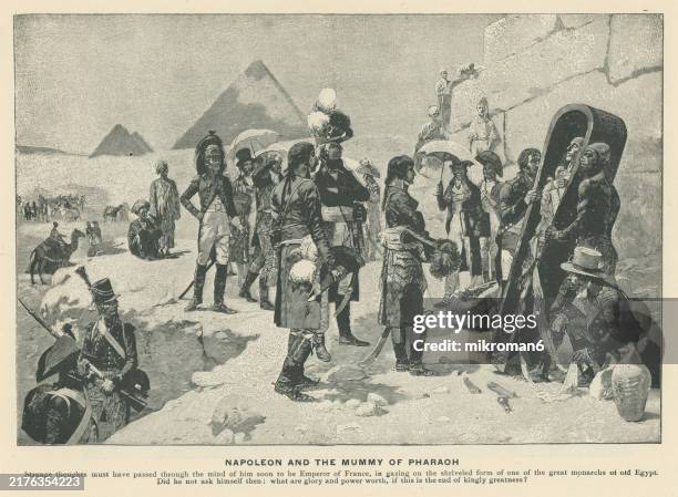 old engraved illustration of napoleon and the mummy of egyptian pharaoh - pharaoh drawings stock pictures, royalty-free photos & images