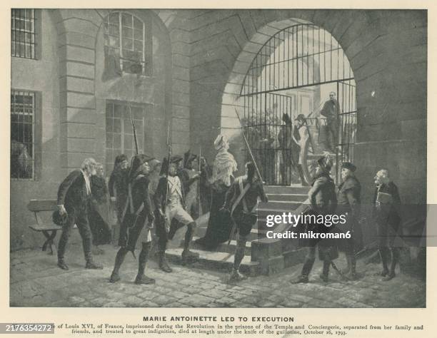 old engraved illustration of queen marie antoinette led to execution - political prisoner stock pictures, royalty-free photos & images