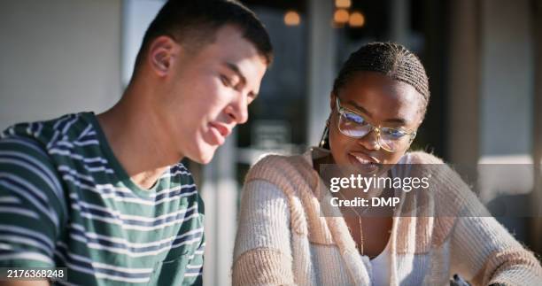 conversation, education and future with student friends on campus together for learning or study. college, school or university with serious man and woman learner outdoor together for development - financial aid stock pictures, royalty-free photos & images