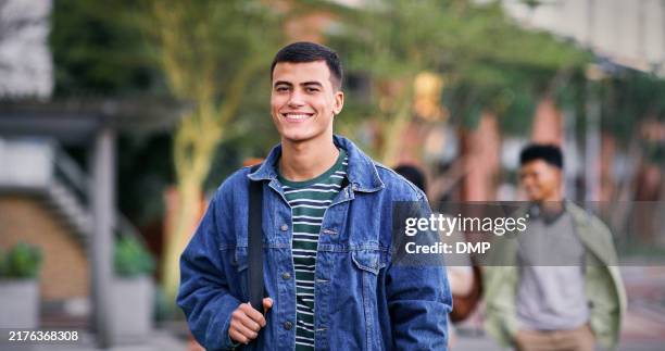 knowledge, university and student on park walk for scholarship, education and future goals with portrait smile. happy man, college or academy campus for learning, commute and pride with satisfaction - white jacket stock pictures, royalty-free photos & images