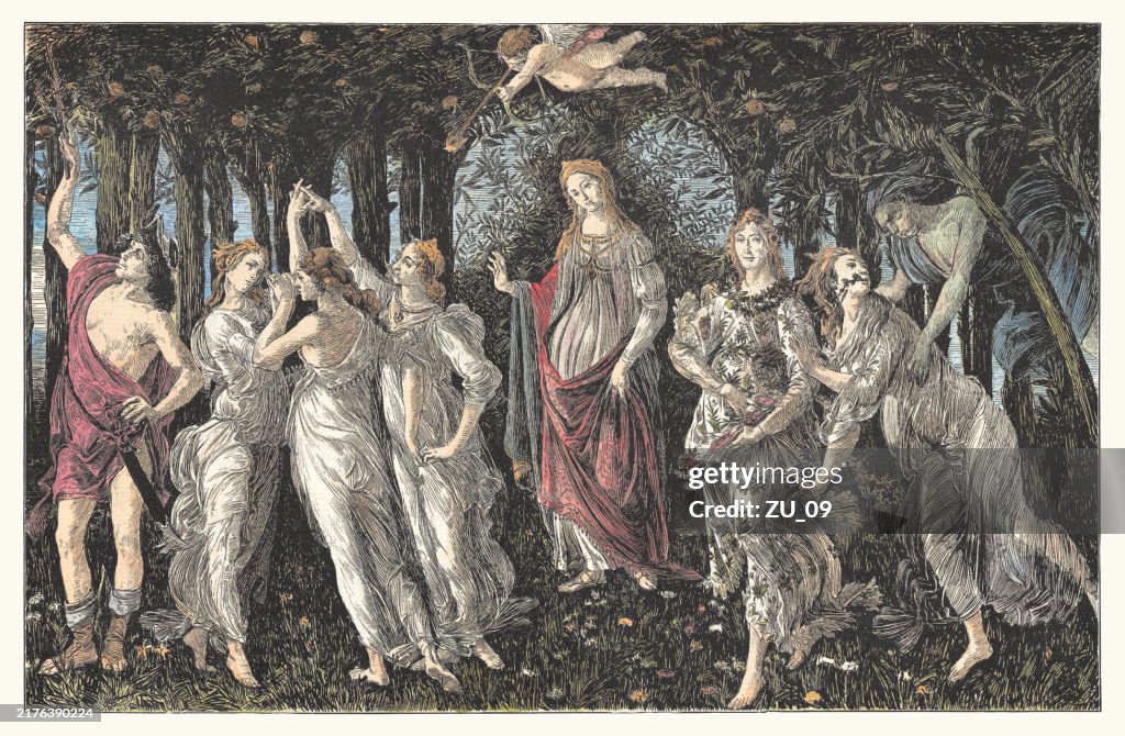 Primavera, painted by Sandro Botticelli, hand-colored wood engraving, published 1884