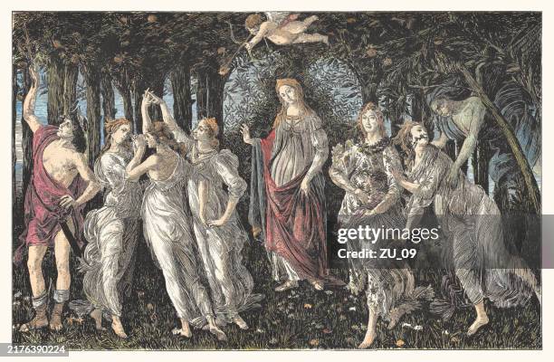 primavera, painted by sandro botticelli, hand-colored wood engraving, published 1884 - greek mythology stock illustrations