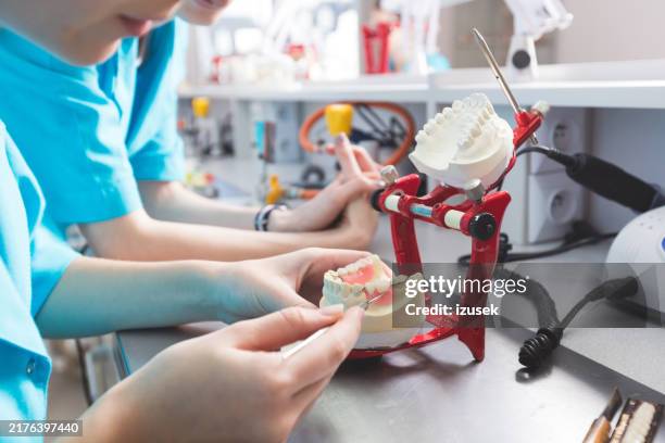 prosthodontic lab, focus on dentures - stem topic stock pictures, royalty-free photos & images