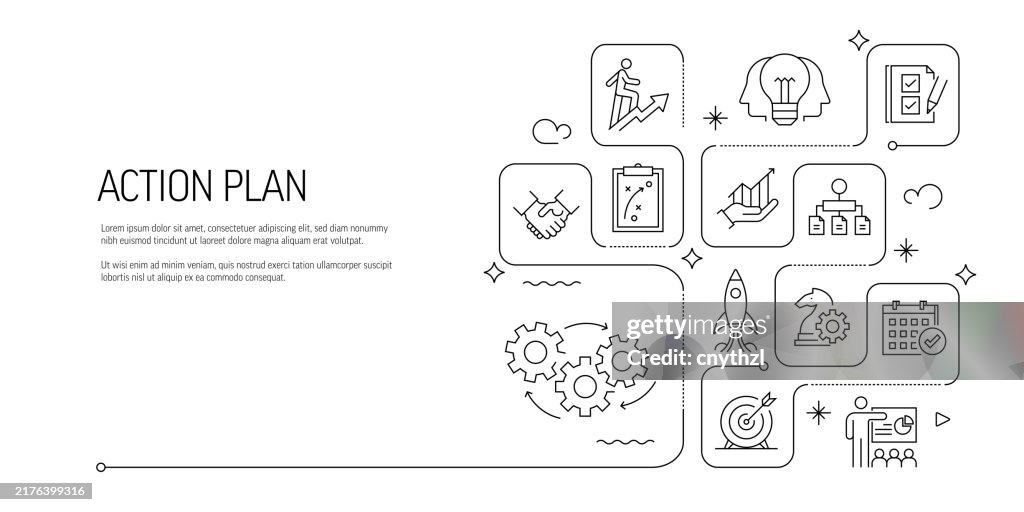 Aktionsplan Line Art Banner Design. Geschäft, Planung, Strategie, Entwicklung, Kooperation.