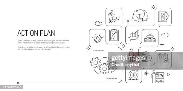 action plan line art banner design. business, planning, strategy, development, cooperation. - schematics stock illustrations