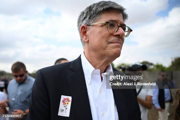 Ambassador to Israel Jacob J. Lew arrives to lay a wreath ahead of a ceremony to mark the first anniversary since the Hamas attacks on Israel, on...