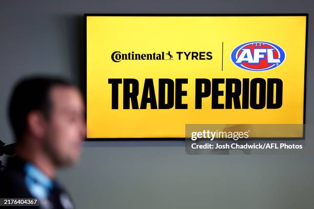 Trade Period signage is seen during the 2024 Continental Tyres AFL Trade Period at Marvel Stadium on October 07, 2024 in Melbourne, Australia.