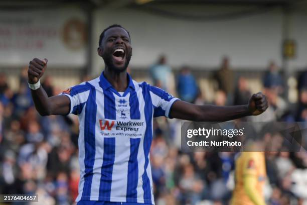 Mani Dieseruvwe of Hartlepool United celebrates after scoring and completing his hat trick during the Vanarama National League match between...