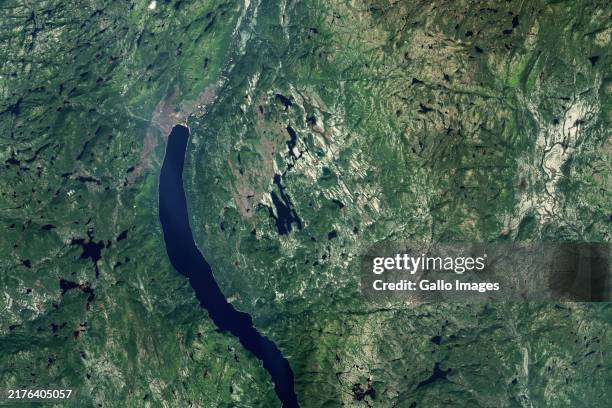 Satellite view of Lake Marsal, a potential impact crater discovered north of Magpie in Quebec, Canada. The crater, found by a Canadian planning a...