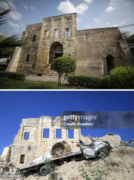 Composite image, assembled from top to bottom with photos showing the Pasha Palace dating back to the Mamluks in the Old City before and after the...
