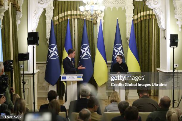 Secretary General of NATO Mark Rutte and President of Ukraine Volodymyr Zelenskyy during press conference on October 3, 2024 in Kyiv, Ukraine. The...