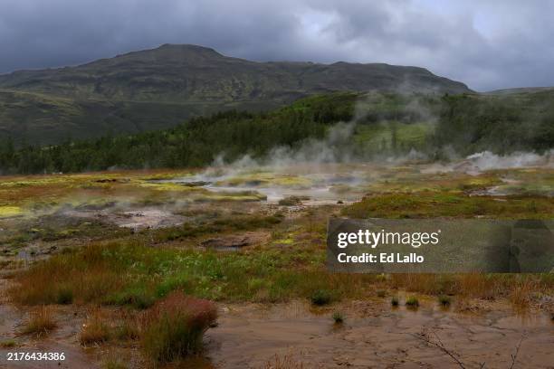 geothermal area & strokkur geyser tourist area - reiseroute golden circle stock-fotos und bilder